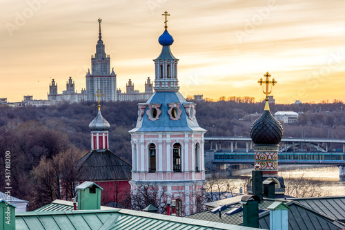 Russia. Walk around Moscow at sunset. View of Moscow State University and the cathedrals of Moscow.