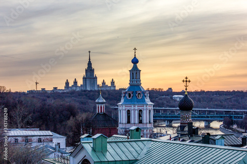 Russia. Walk around Moscow at sunset. View of Moscow State University and the cathedrals of Moscow.