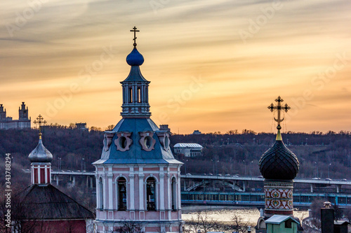 Russia. Walk around Moscow at sunset. View of Moscow State University and the cathedrals of Moscow.