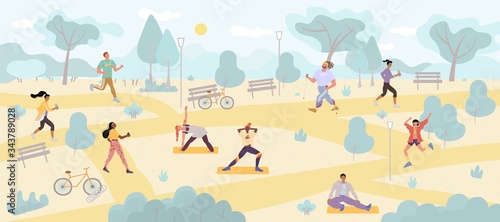 People doing morning exercise active workout in park. Diverse man, woman running, jogging, nordic walking, stretching. Characters engaged in pilates, yoga, fitness. Sport, healthy lifestyle, wellness