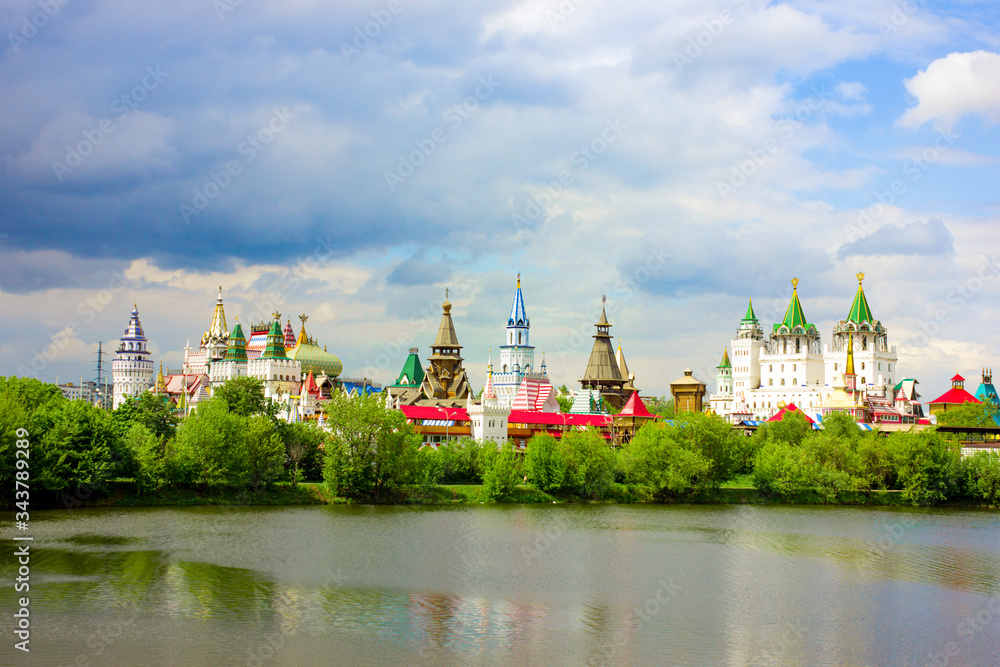 Russia Moscow. View from the river to the Izmailovsky Kremlin. Panorama.