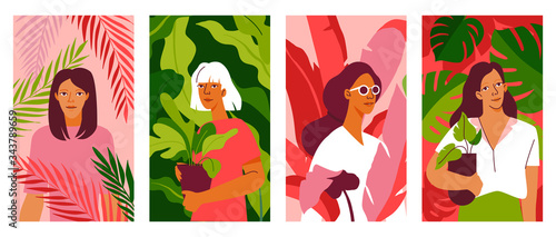Vector illustration in flat  simple style - women and plants - abstract vertical banners with green leaves and female characters for stories © venimo