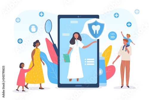 Meeting with the Dentist online with a young family with children and a female dentist on a mobile phone screen with teeth icons, colored vector illustration with copy space