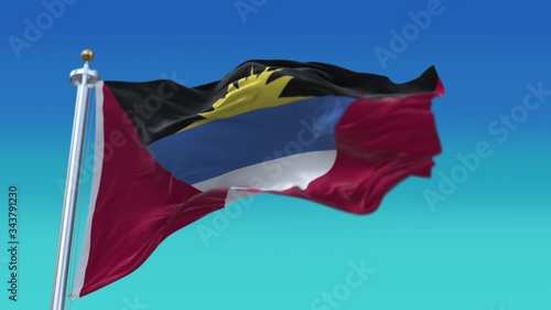 4k Antigua and Barbuda National flag slow loop seamless waving with visible wrinkles in wind blue sky background.A fully digital rendering;animation loops at 20 seconds. photo