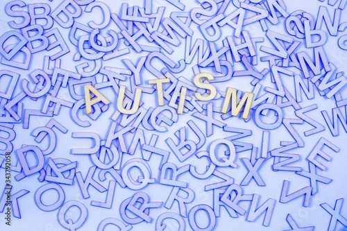 Chaotic Autism Alphabet Concept  Background - Blue A to Z letters scattered randomly across background with the word AUTISM picked out in the centre 