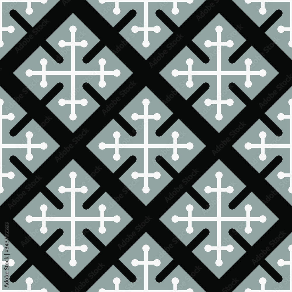 Pattern with crosses and gray shapes on a dark background