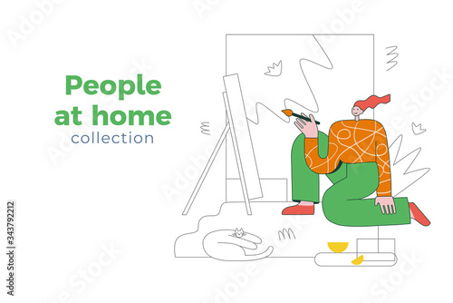 Artist woman with brush paints picture on canvas. People do creativity, drawing hobby. Collection of happy female at home. Vector illustration design banner in flat geometric style
