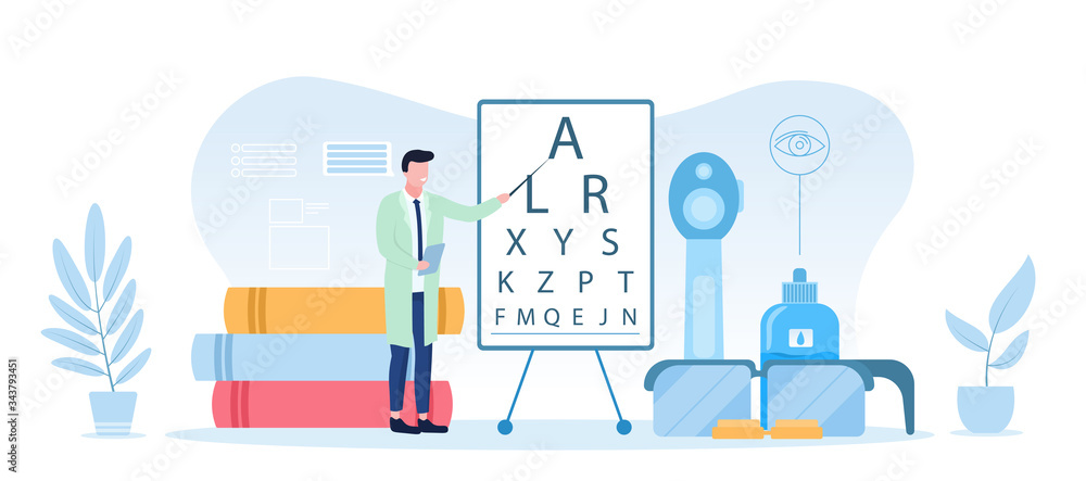 Ophthalmology concept ophthalmologist conducting an eye test using a chart in his surgery, colored vector illustration with copy space Ophthalmology concept ophthalmologist conducting an eye test using a chart in his surgery, colored vector illustration with copy space