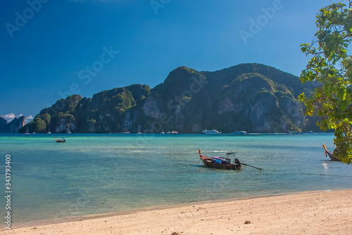 View of the lagoon with boats on the islands of Phi Phi