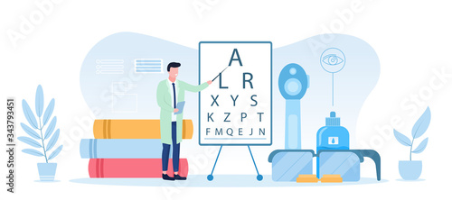 Ophthalmology concept ophthalmologist conducting an eye test using a chart in his surgery, colored vector illustration with copy space