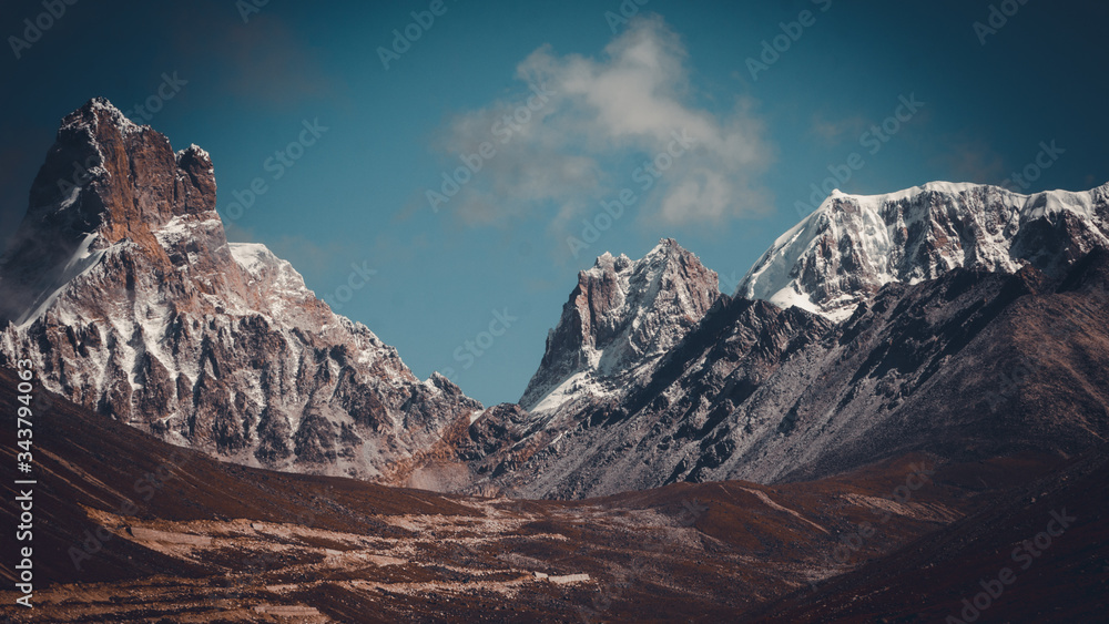 Majestic mountain peaks at Zero point in Yumthang, North Sikkim, India