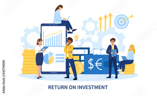 Return On Investment concept showing escalating growth in dollars and euros and a business target with diverse businesspeople or brokers, colored vector illustration