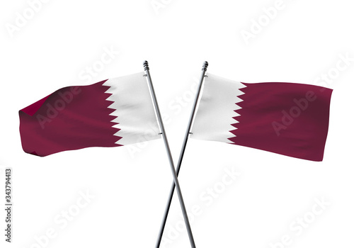 Qatar flags crossed isolated on a white background. 3D Rendering
