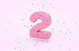 Glazed donut Font with colorful sugar sprinkles. 3d number 2 font render on isolated background.
