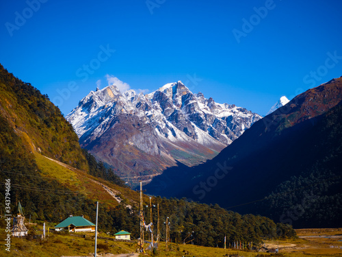 View of snow-capped mountains at Yumthang, North Sikkim, India