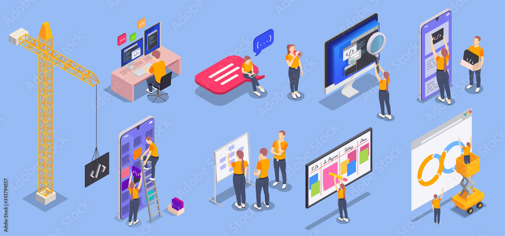 Fototapeta premium Isolated Programming Coding Development Isometric Icon Set