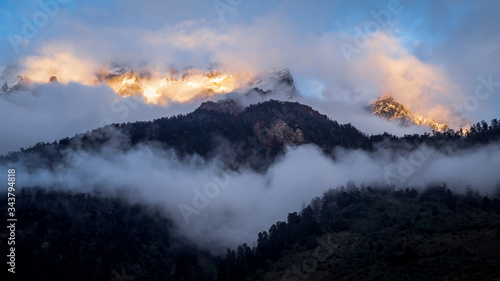 Sunset in the mountains in view in North Sikkim, India