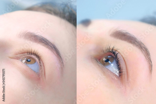 Wallpaper Mural Face of young woman before and after lash laminating and painting eyebrows, side view. Closeup portrait of girl brunette in beauty clinic. Beauty industry concept. Torontodigital.ca