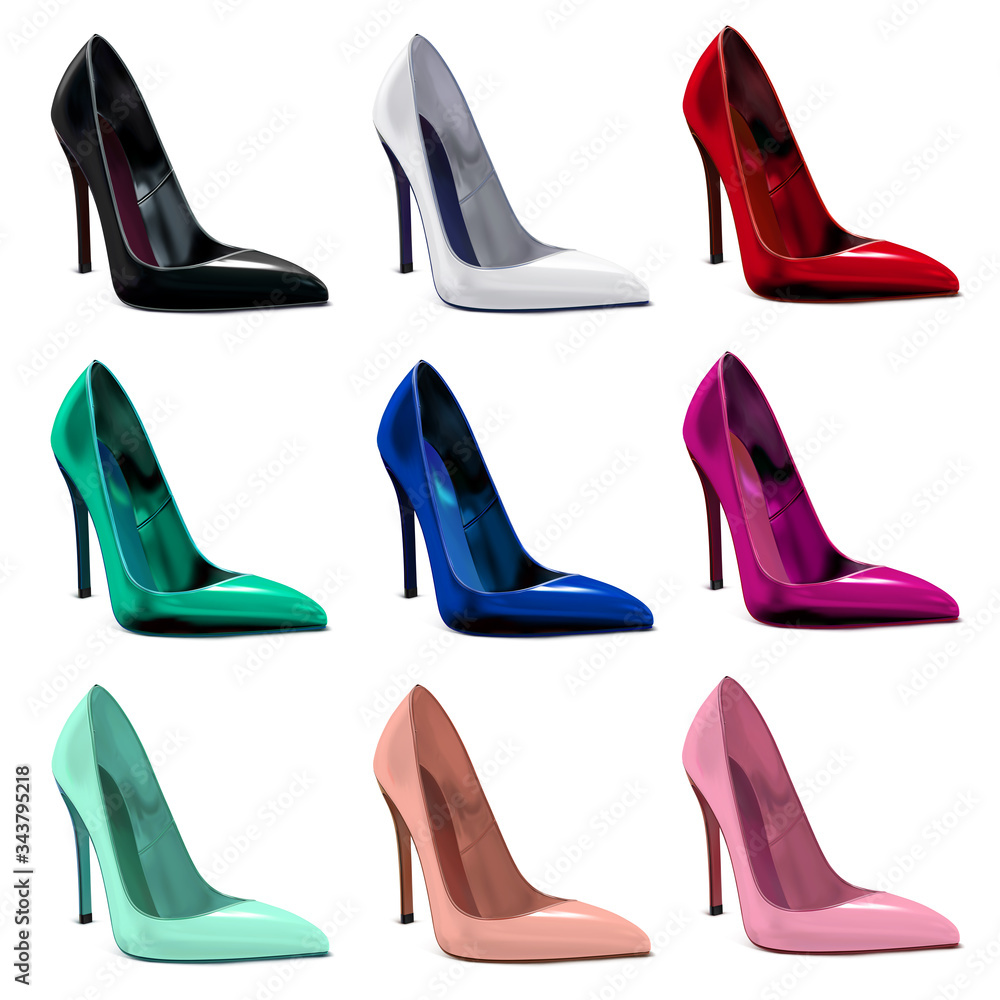 Women's patent leather glossy shoes of different colors. Black, white, red, blue, turquoise, pink, beige colors. Vector 3d realistic illustration isolated on white background. Women's patent leather glossy shoes of different colors. Black, white, red, blue, turquoise, pink, beige colors. Vector 3d realistic illustration isolated on white background.