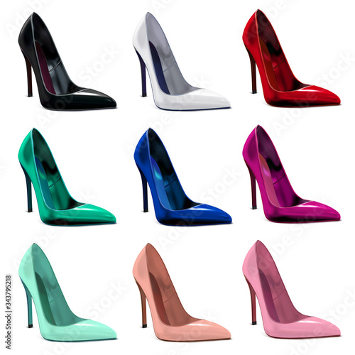 Women's patent leather glossy shoes of different colors. Black, white, red, blue, turquoise, pink, beige colors. Vector 3d realistic illustration isolated on white background.