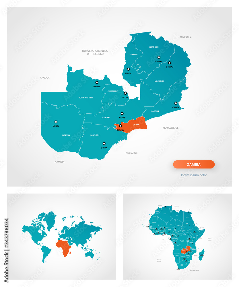 Fototapeta premium Editable template of map of Zambia with marks. Zambia on world map and on Africa map.