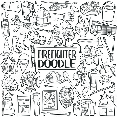 Firefighter Work Tools. Traditional Doodle Drawn Sketch Hand Made Design Vector.