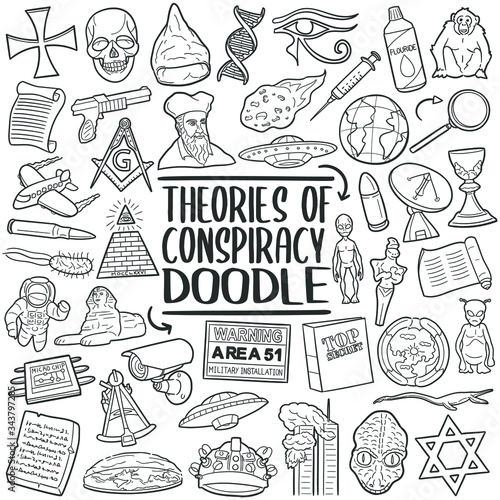 Theories of Conspiracy doodle icons. Occultism symbols line art. Vector Illustration design set.