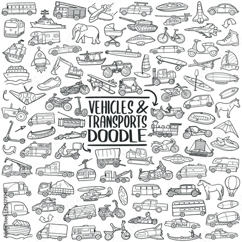 Vehicles and Transpots Set Line art. Travel Doodle vector art design. Sketch traditional illustration.