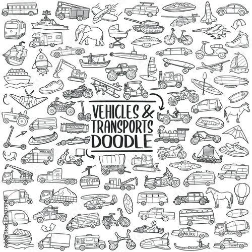 Vehicles and Transpots Set Line art.
Travel Doodle vector art design. Sketch traditional illustration.