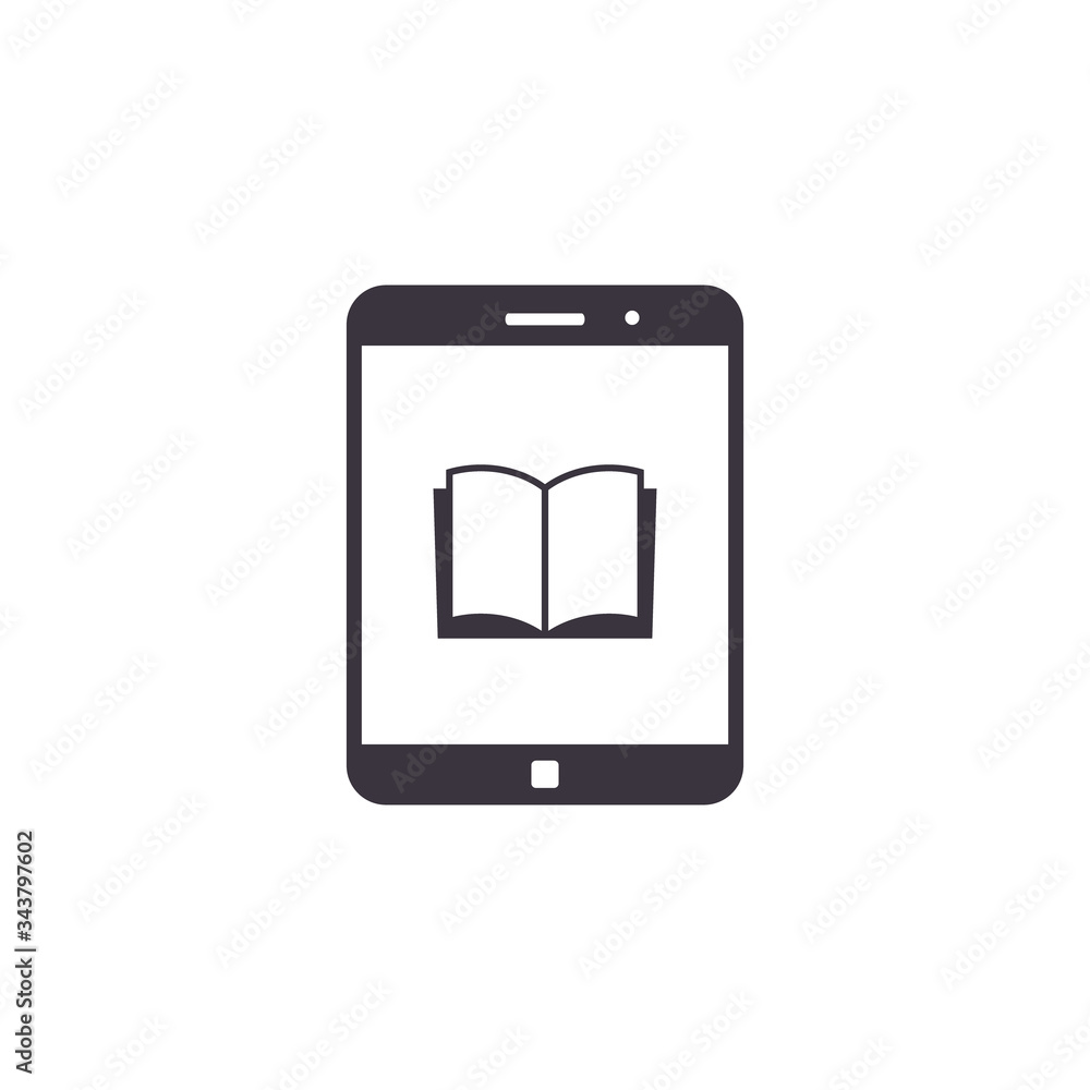Tablet with book on display icon, Online education icon, Reading books on tablet - vector illustration Tablet with book on display icon, Online education icon, Reading books on tablet - vector illustration