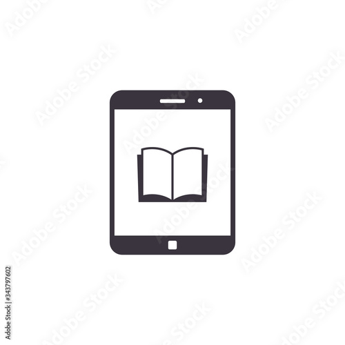 Tablet with book on display icon, Online education icon, Reading books on tablet - vector illustration