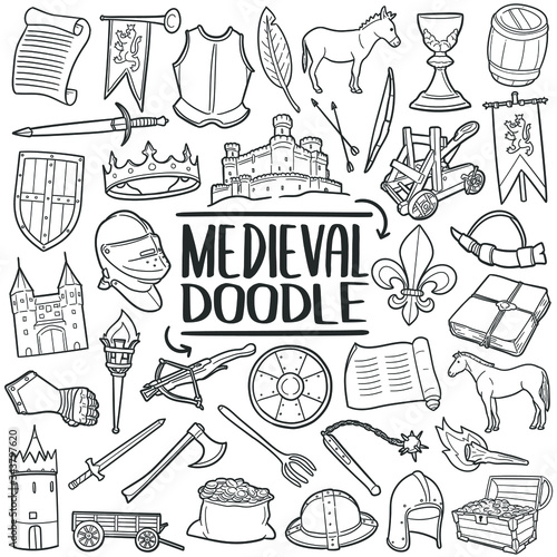 Medieval doodle icon set. Middle Age castle weapons and tools. Vector illustration collection. Hand drawn Line art style.