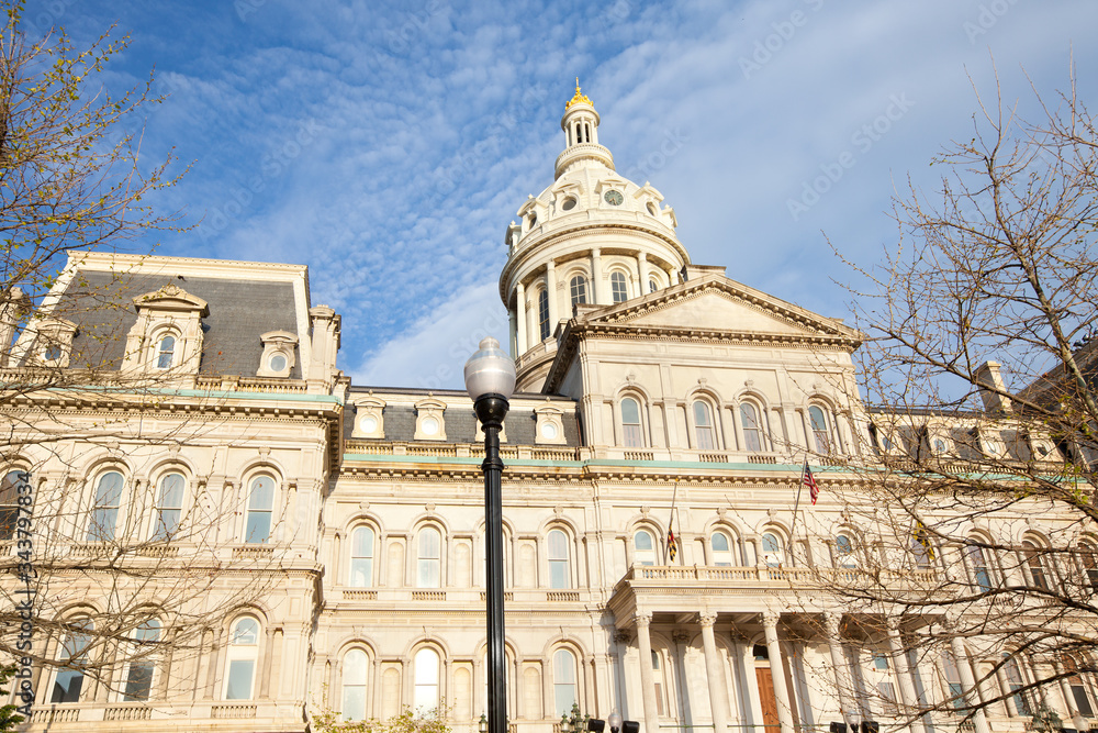 Close-up to the building of the City hall of Baltimore, Maryland, United States.
