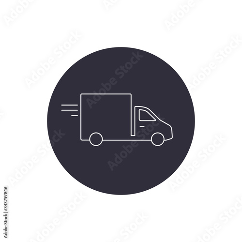 Delivery truck line icon isolated on black round background. Vector sign flat design illustration