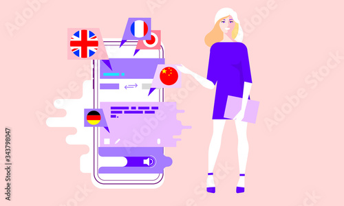 Work of translator app, translation of foreign languages. Colorful vector illustration in modern art style.