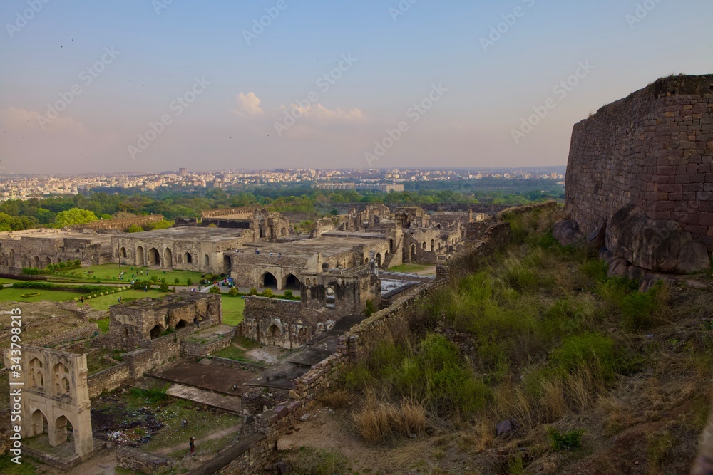 Panoramic view of the remnants of a grand fort