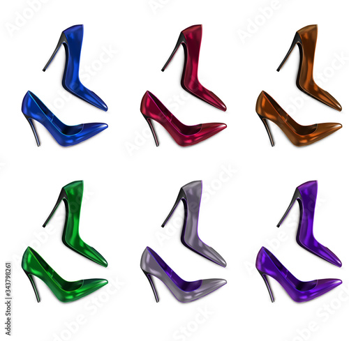 Set of women's shoes lying on the surface of blue, burgundy, green, bronze, purple, gray colors. Classic model. Vector 3d realistic illustration isolated on white background.