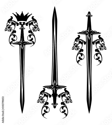 knight sword with royal crown and rose flowers - medieval style black and white vector design set