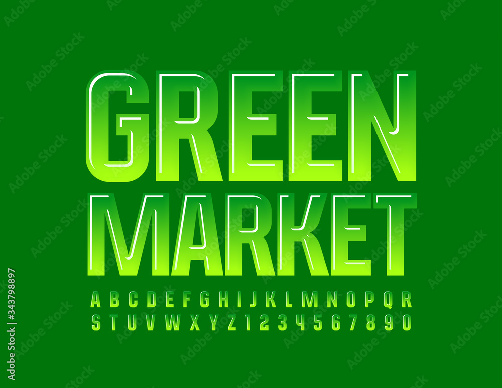 Vector modern emblem Green Market with Glossy Font. Gradient color Alphabet Letters and Numbers Vector modern emblem Green Market with Glossy Font. Gradient color Alphabet Letters and Numbers