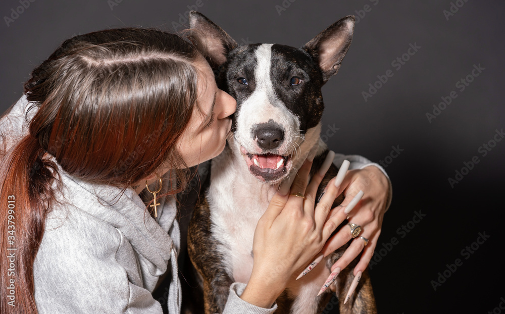 young woman with her pet in confinement, bull terrier bitch young woman with her pet in confinement, bull terrier bitch