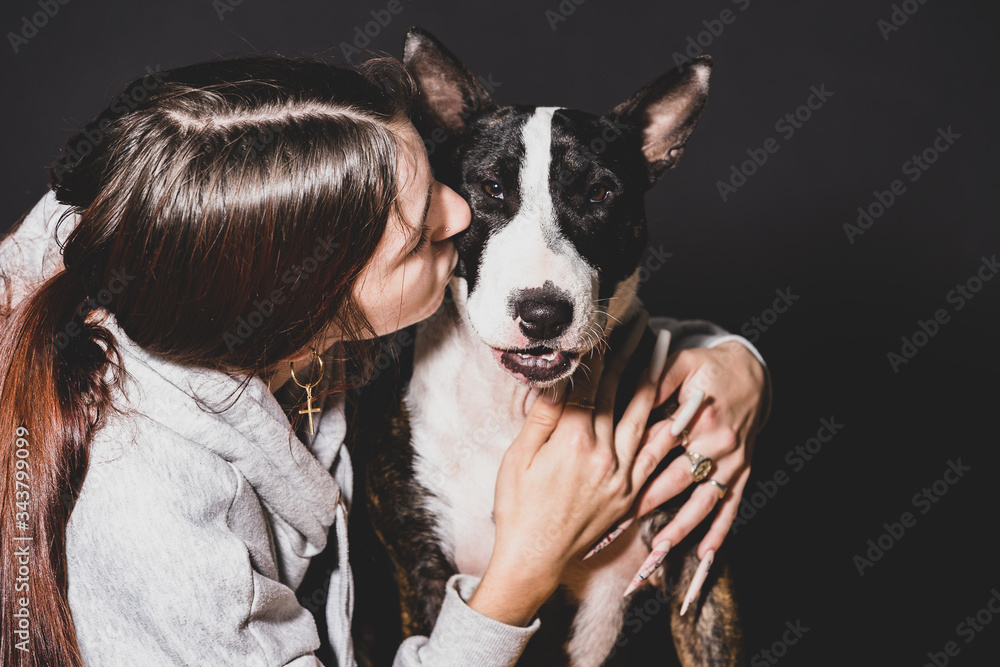 young woman with her pet in confinement, bull terrier bitch young woman with her pet in confinement, bull terrier bitch