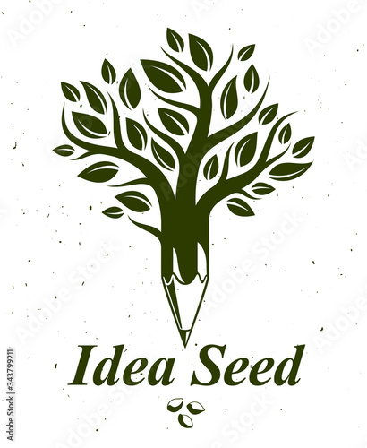 Beautiful tree with pencil combined into a symbol, Idea seed concept vector classic style logo or icon. Strong thoughts virus idea allegory.