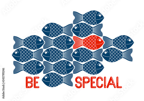 Being different or special vector concept shown with funny cartoon fishes and one is another color and swimming another direction, alternative opposition, variety.