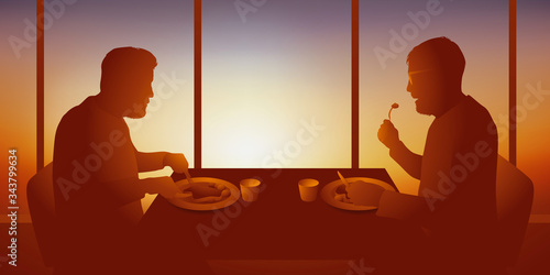Concept du déjeuner professionnel avec deux hommes d’affaires que mangent en tête à tête au restaurant pour discuter d’un accord commercial.