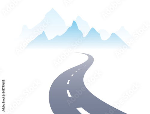 Country road curved highway vector perfect design illustration. The way to nature, mountains and rocks tourism and travel theme. Can be used as a road banner or billboard with copy space for text.