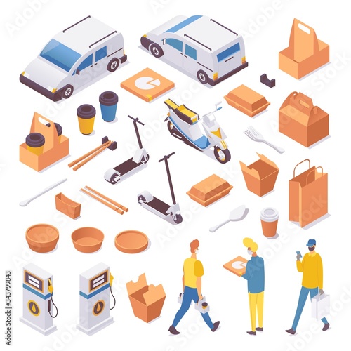 Food and fastfood delivery isometric. Car or van, package set, couriers in different poses. Vibrant set good for contactless service
