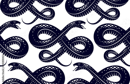 Repeat snakes seamless vector pattern, tiling endless background with venom reptiles in vintage style, subculture rock n roll and hard rock theme.