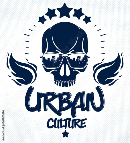 Skull in sunglasses and hat, urban theme vector logo or emblem, gangster or thug illustration, anarchy chaos hooligan, ghetto theme.