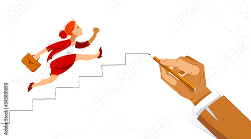 Business woman run and hurry on stairs drawing by big hand of boss vector illustration, funny comic cute cartoon worker or employee motivated to career growth success.