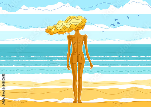 Beautiful slim skinny girl standing naked at the seashore beach back and watches the ocean or sea resting in calm, vector illustrations of summer vacations laze beautiful seascape.